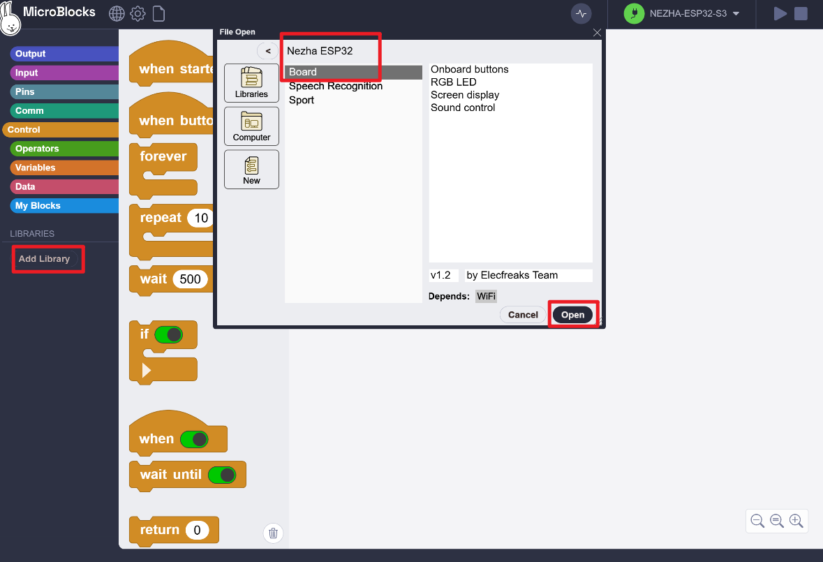 Add the Nezha ESP32 extension library